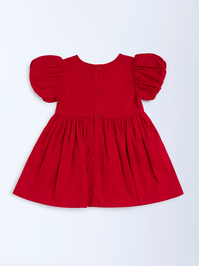 HOP Baby Red Solid Bow-Detailed Cotton Dress