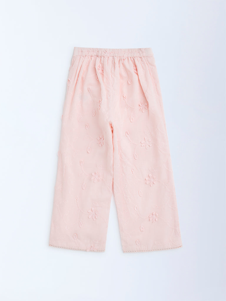 HOP Kids Pink Floral Embroidered High-Rise Cotton Pants