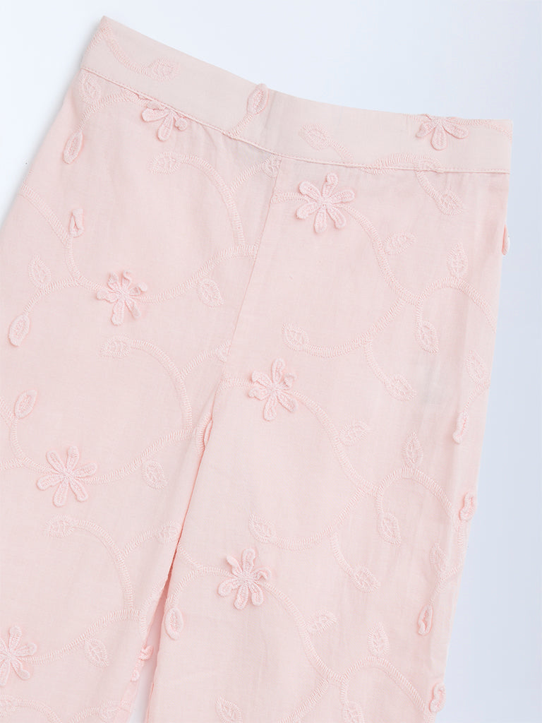 HOP Kids Pink Floral Embroidered High-Rise Cotton Pants