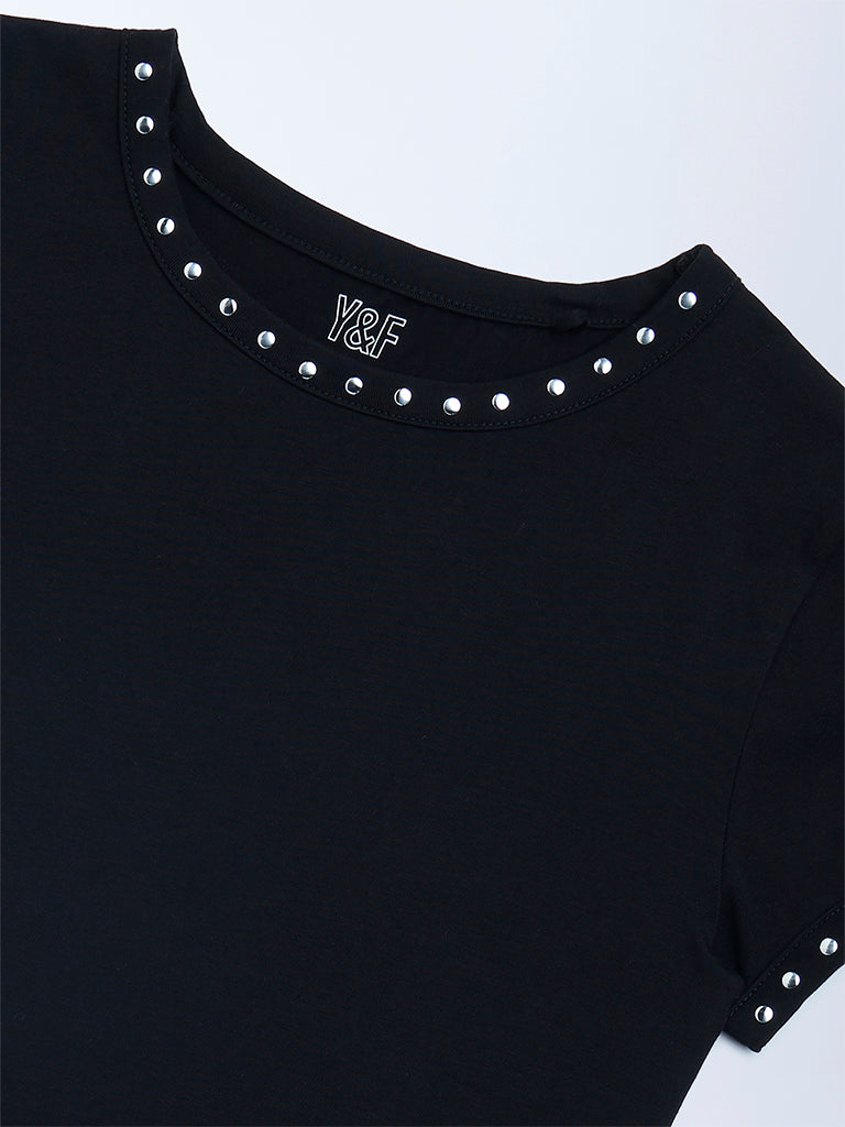 Y&F Kids Black Stud-Detailed Cotton-Blend T-Shirt
