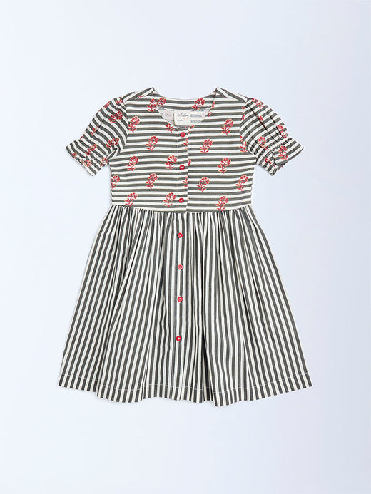 Utsa Kids Black Striped Cotton-Blend A-Line Dress - (2-8yrs)