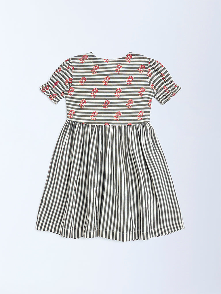 Utsa Kids Black Striped Cotton-Blend A-Line Dress - (2-8yrs)