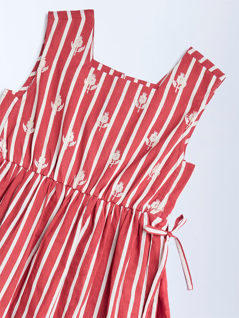 Utsa Kids Red Striped Cotton-Blend A-Line Dress - (8-14yrs)