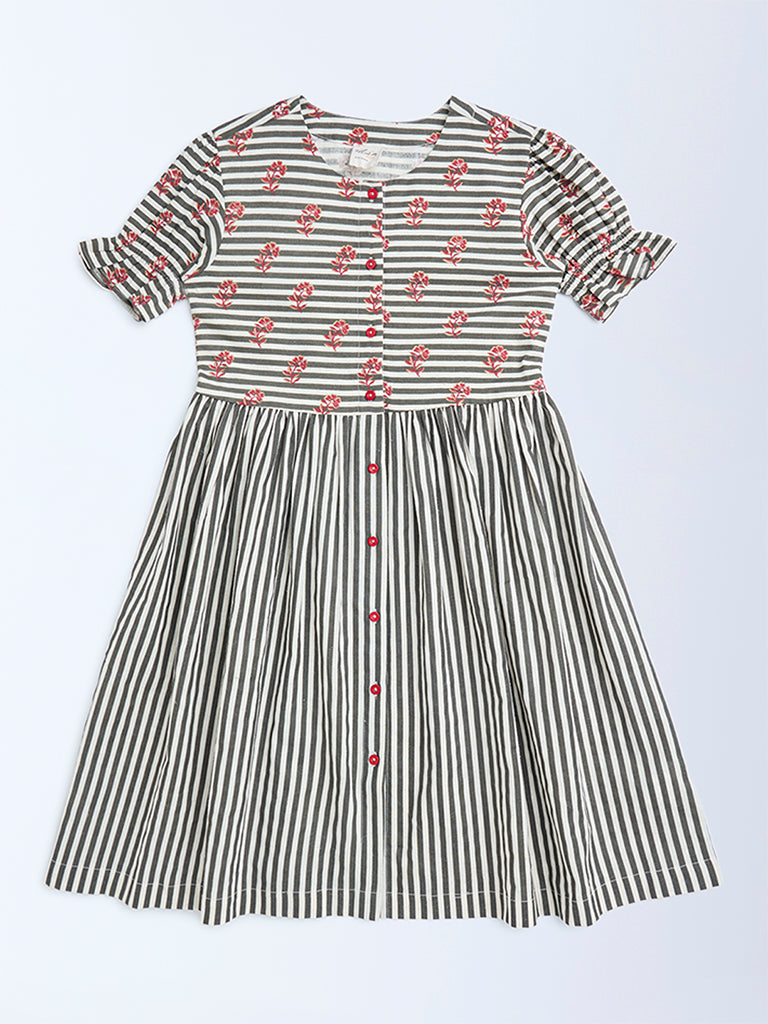 Utsa Kids Black Striped Cotton-Blend A-Line Dress - (8-14yrs)