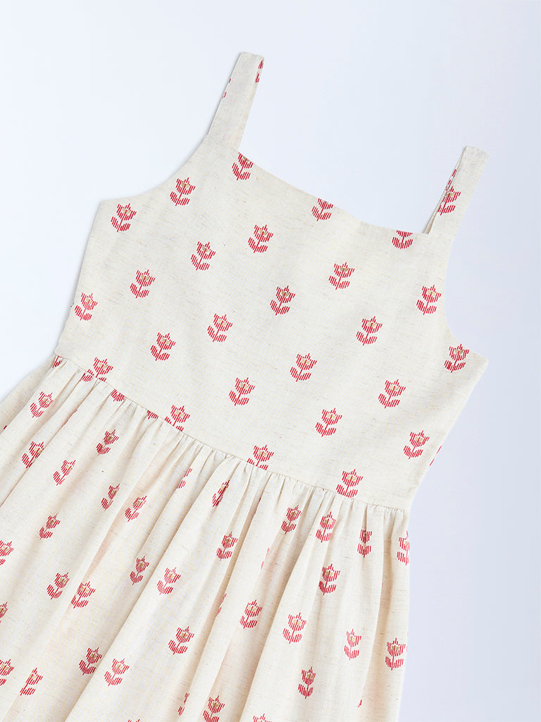 Utsa Kids Off-White Jamdani Floral Cotton-Blend Tiered Dress - (8-14yrs)