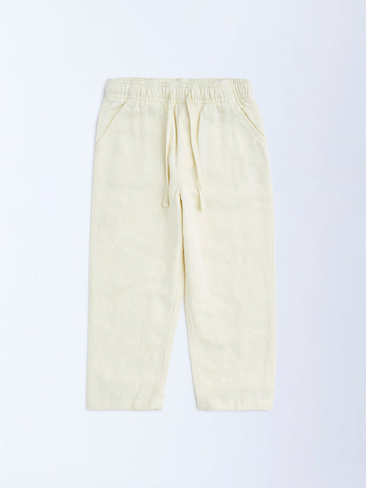 HOP Kids Off-White Textured Mid-Rise Cotton Trousers