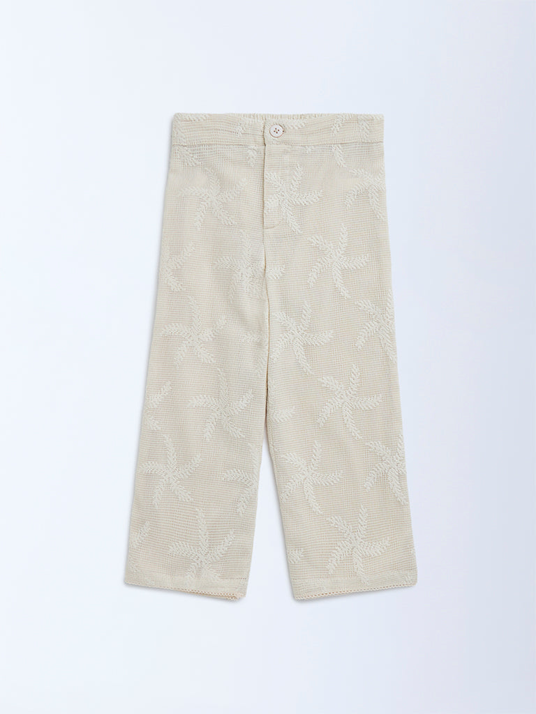 HOP Kids Beige Leaf Embroidered High-Rise Cotton-Blend Trousers