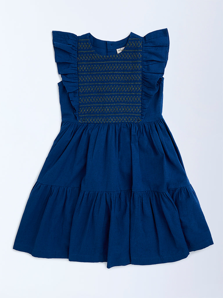 Utsa Kids Navy Embroidered Cotton A-Line Dress - (8-14yrs)