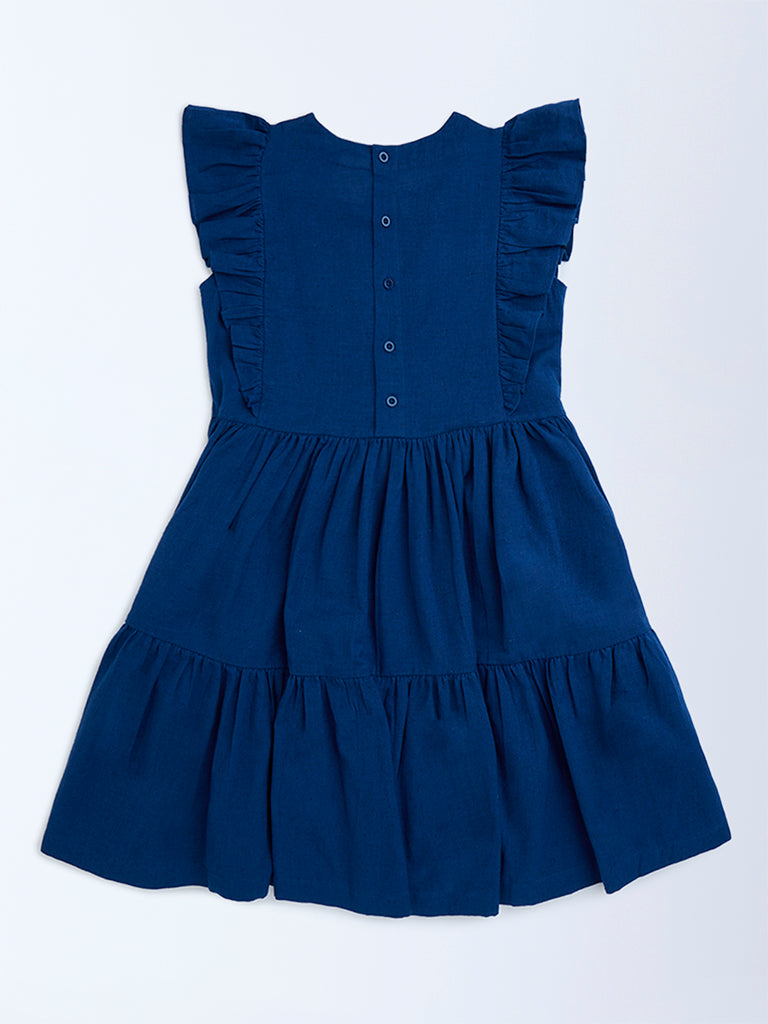 Utsa Kids Navy Embroidered Cotton A-Line Dress - (8-14yrs)