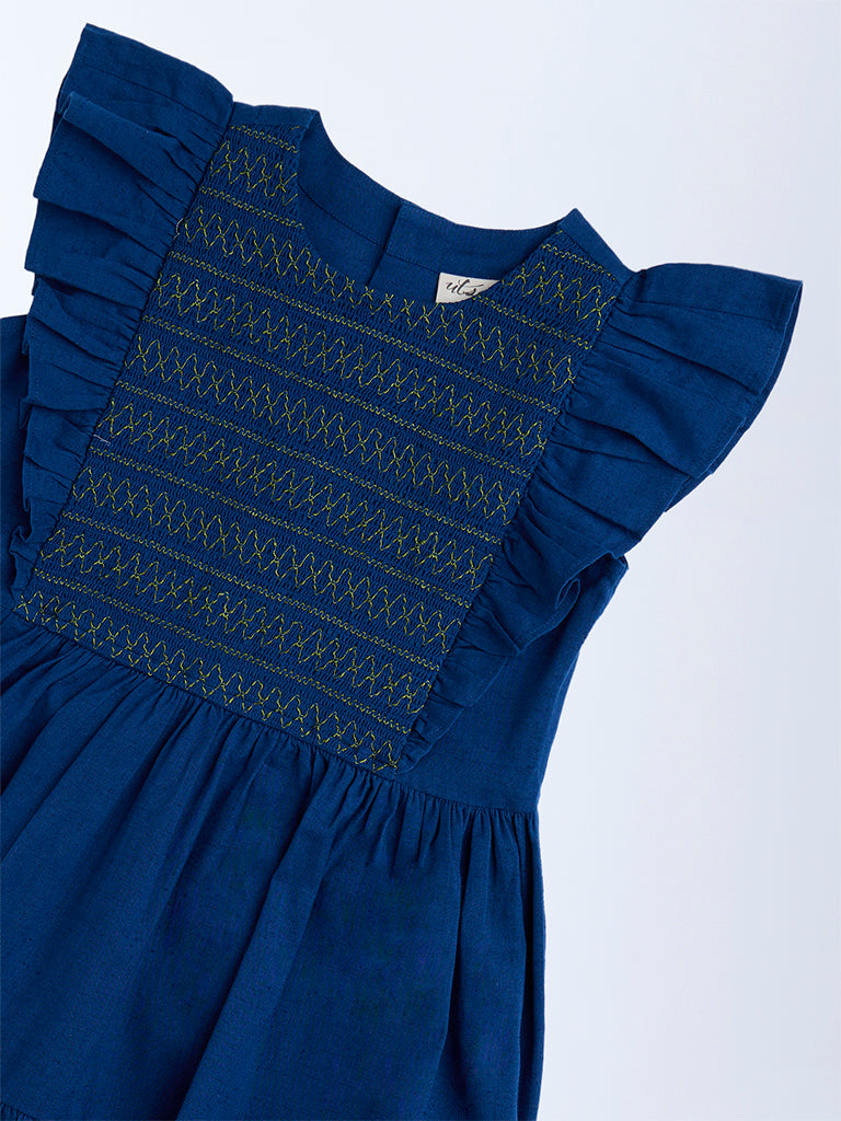 Utsa Kids Navy Embroidered Cotton A-Line Dress - (8-14yrs)