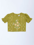Utsa Kids Green Floral Embroidered Cotton-Blend Top - (2-8yrs)