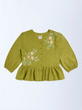 Utsa Kids Green Floral Embroidered Cotton Peplum Top - (8-14yrs)