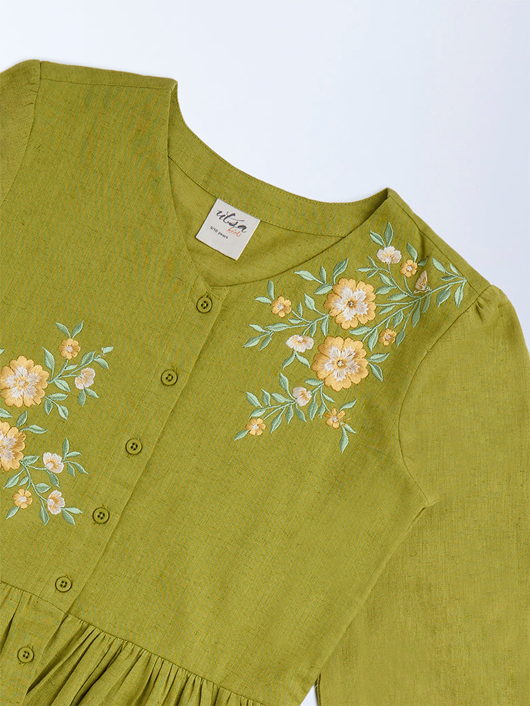 Utsa Kids Green Floral Embroidered Cotton Peplum Top - (8-14yrs)