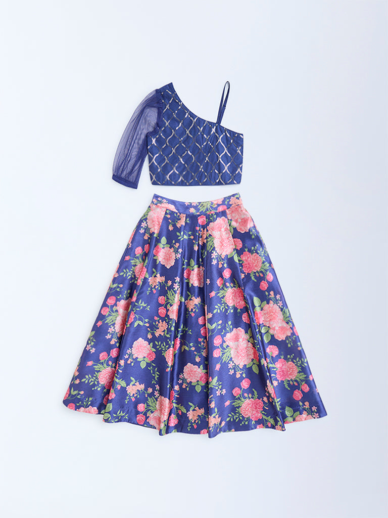 Utsa Kids Navy Floral Detailed Ethnic Set - (2-8yrs)
