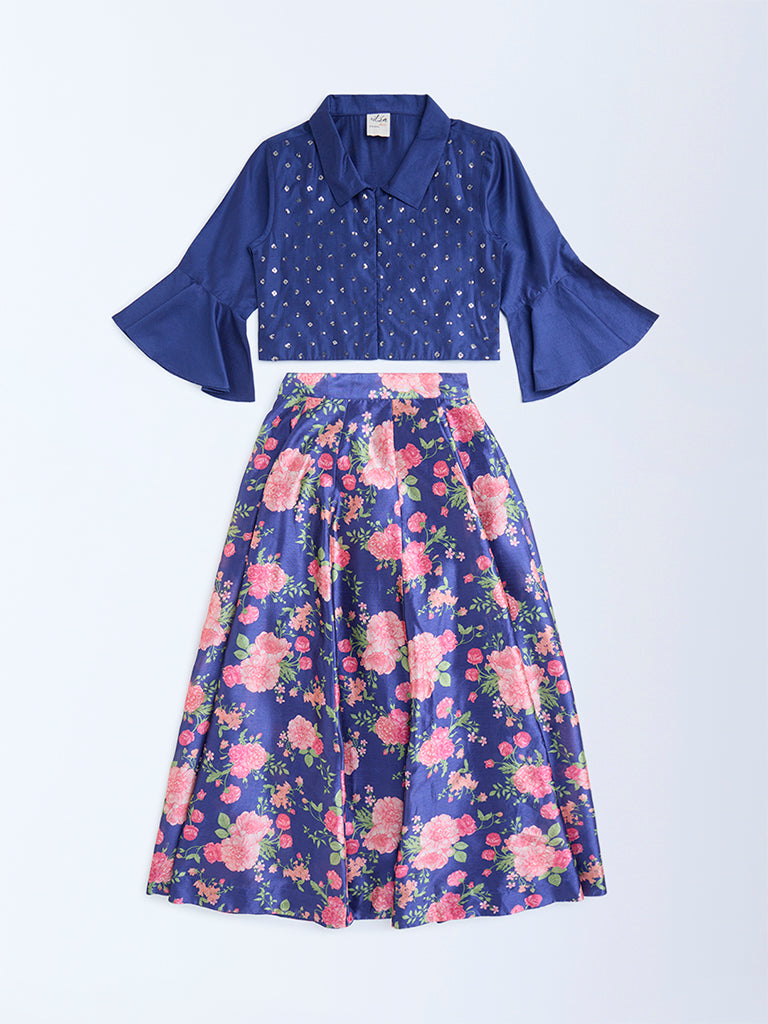 Utsa Kids Navy Floral Detailed Ethnic Set - (8-14yrs)