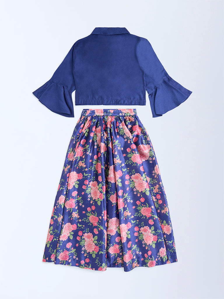 Utsa Kids Navy Floral Detailed Ethnic Set - (8-14yrs)