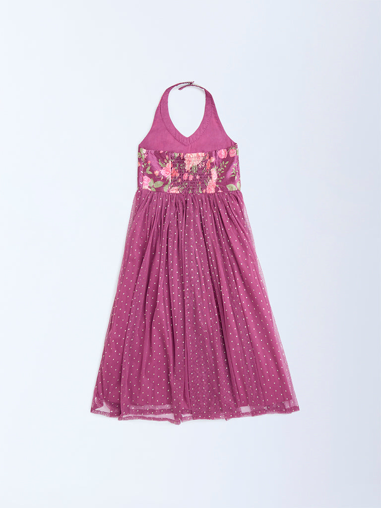 Utsa Kids Dusty Rose Floral Pattern Halter-Neck Dress - (2-8yrs)