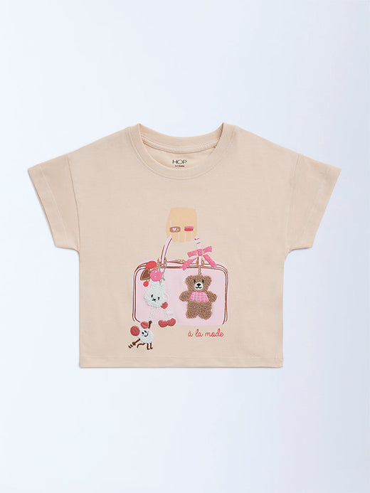 HOP Kids Peach Embroidered Cotton T-Shirt