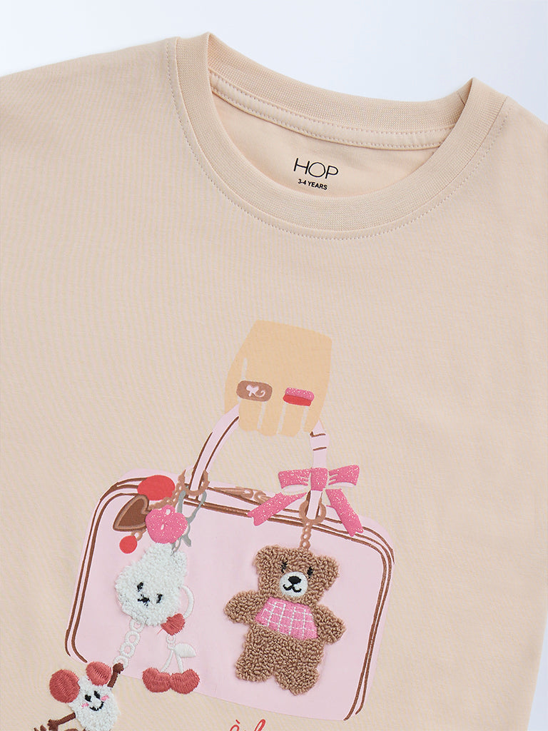 HOP Kids Peach Embroidered Cotton T-Shirt
