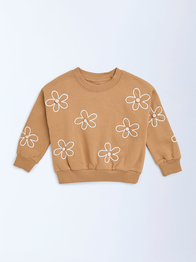 HOP Kids Brown Floral Embroidered Cotton-Blend Sweatshirt