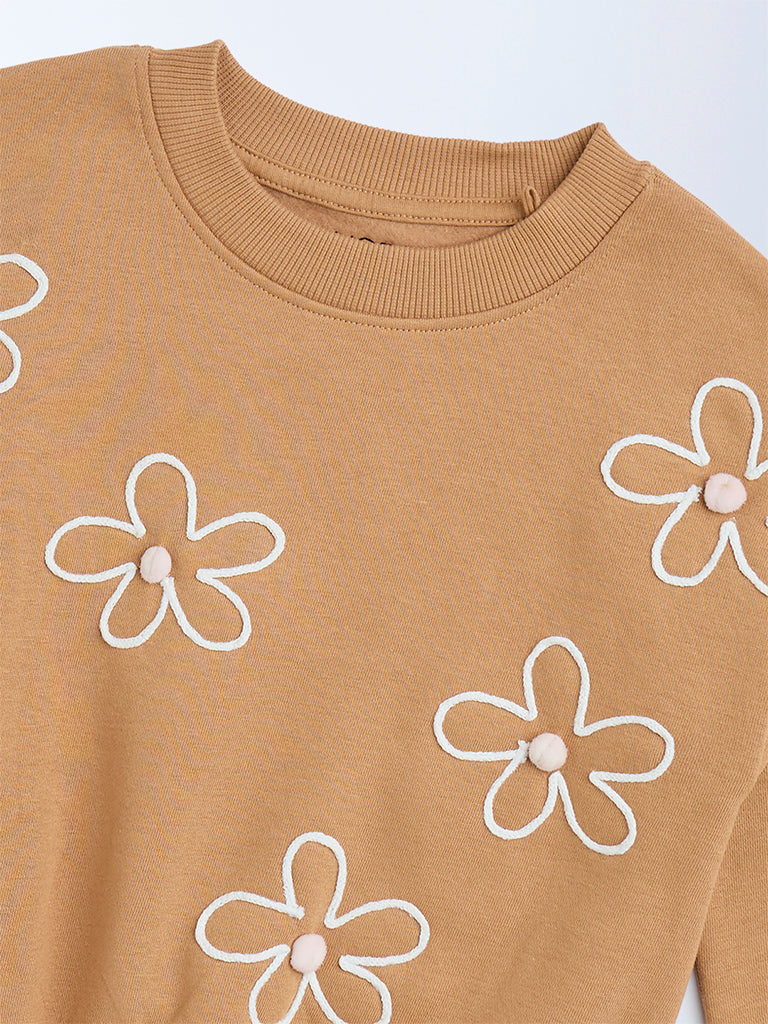 HOP Kids Brown Floral Embroidered Cotton-Blend Sweatshirt