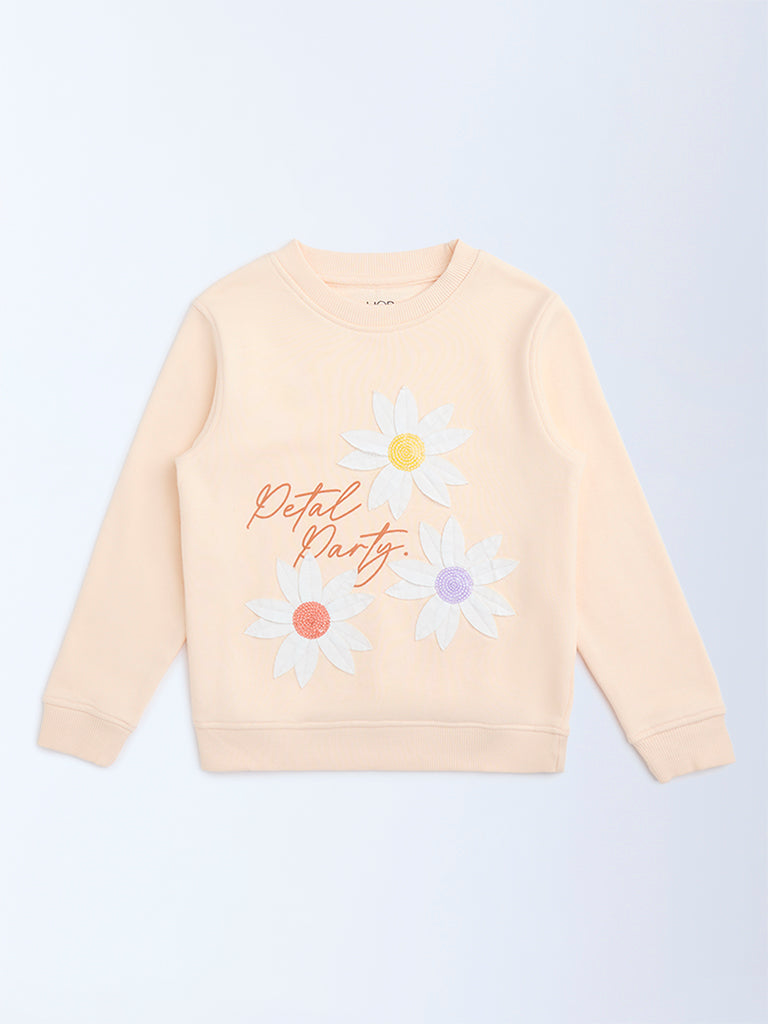 HOP Kids Peach Floral Embroidered Cotton-Blend Sweatshirt