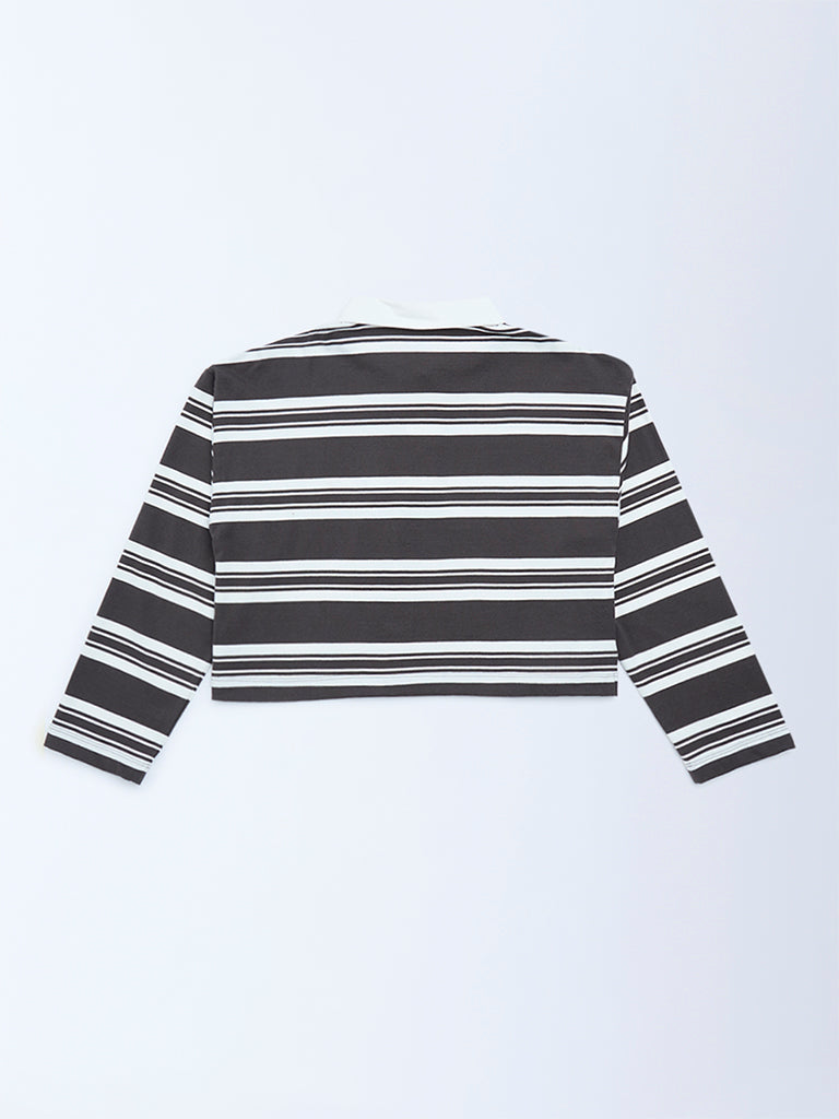 Y&F Kids Charcoal Striped Cotton Polo T-Shirt