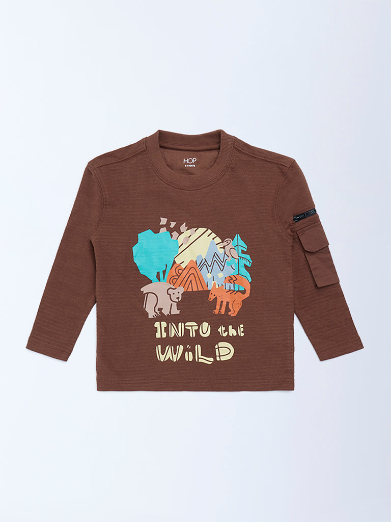 HOP Kids Brown Printed Cotton T-Shirt