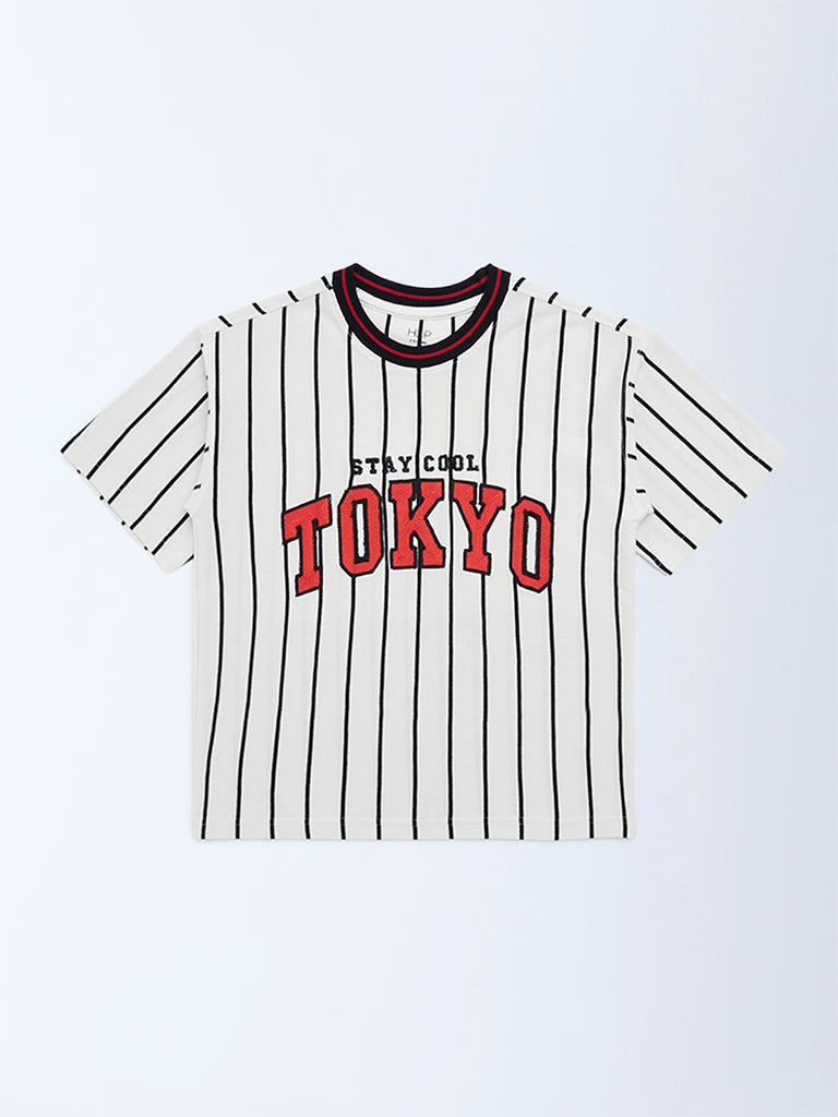 HOP Kids White Striped Cotton T-Shirt