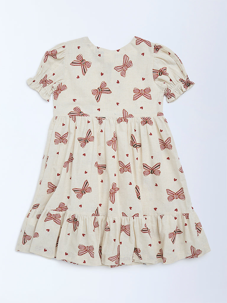 Utsa Kids Off-White Bow-Printed A-Line Cotton-Blend Dress - (8-14 years)