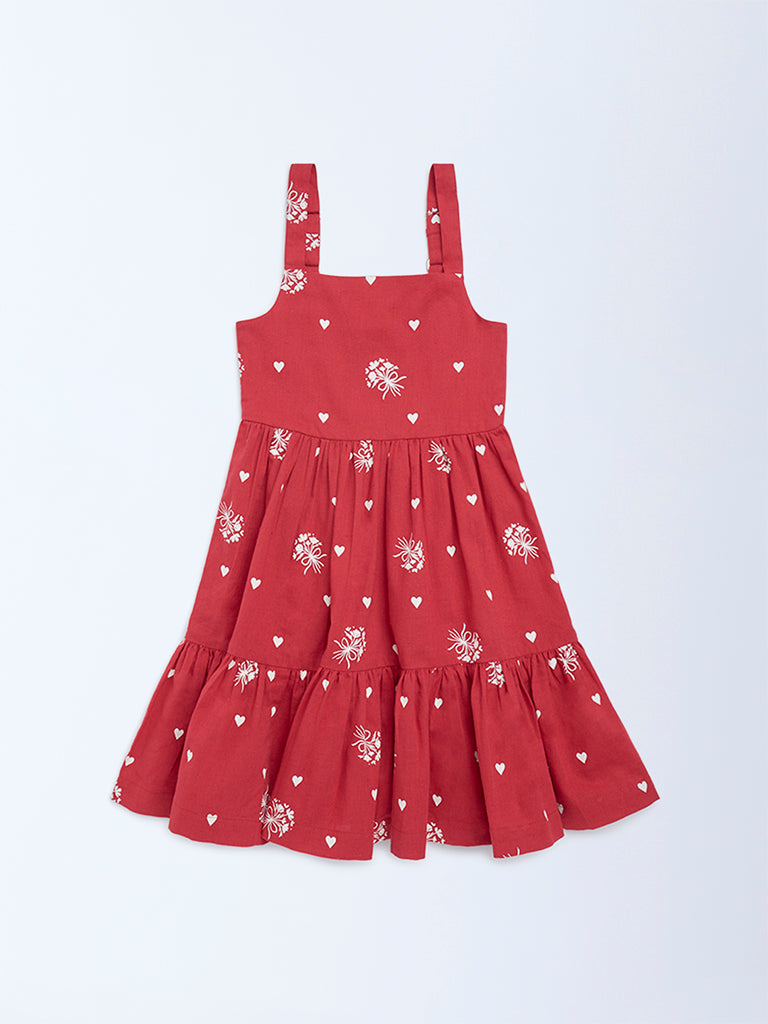 Utsa Kids Red Printed A-Line Cotton-Blend Dress - (2-8 years)