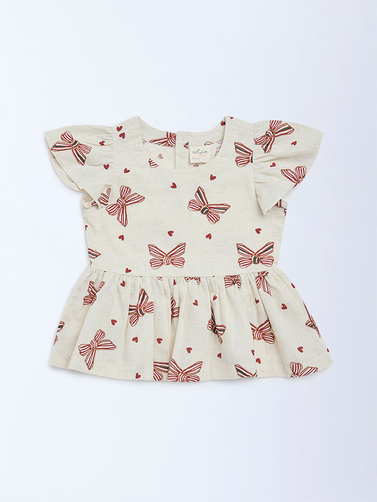 Utsa Kids Off-White Printed Cotton-Blend Top - (2-8 years)