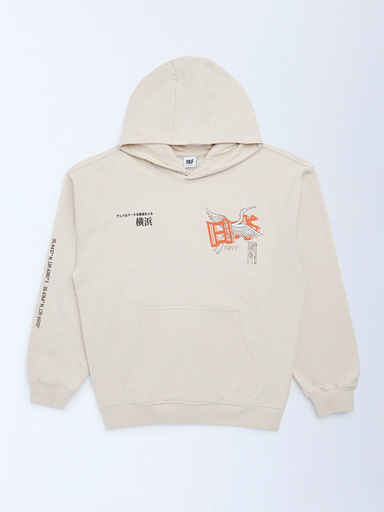 Y&F Kids Beige Printed Cotton-Blend Hoodie