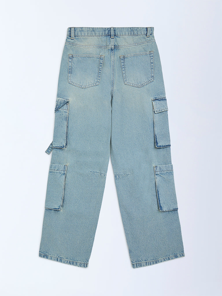 Y&F Kids Light Blue Faded Relaxed-Fit High-Rise Jeans