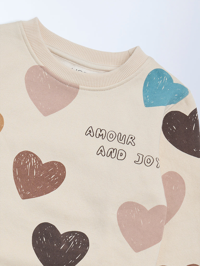 HOP Kids Beige Heart Printed Cotton-Blend Sweatshirt
