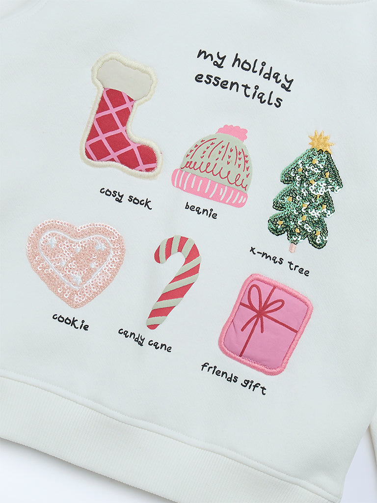 HOP Kids White Holiday-Themed Cotton-Blend Hoodie