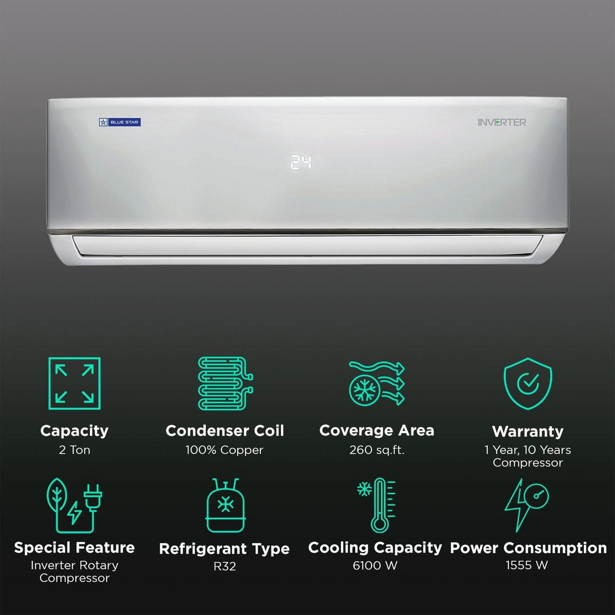 Blue Star D Series 5 in 1 Convertible 2 Ton 5 Star Inverter Split AC with DigiQ Penta Sensor (Copper Condenser, IC524DNUR)