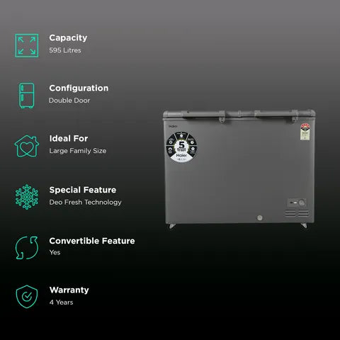 Haier Titanium 595 Litres 5 Star Double Door Deep Freezer with Stabilizer Free Operation (HFC-595DME5, Grey)