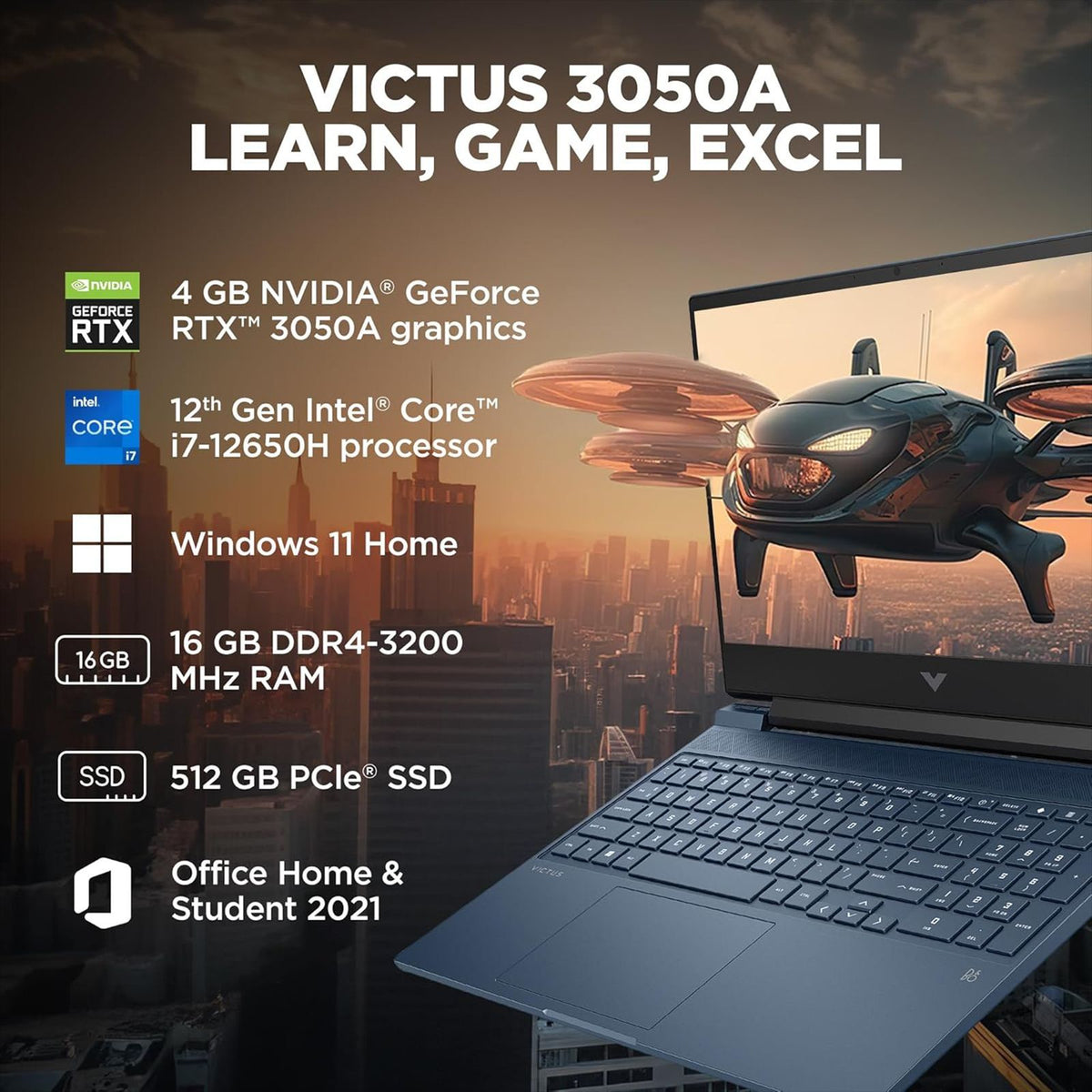 HP Victus 15-FA1411TX Intel Core i7 12th Gen Gaming Laptop (16GB, 512GB SSD, Windows 11 Home, 4GB Graphics, 15.6 inch 144 Hz Full HD IPS Display, NVIDIA GeForce RTX 3050, MS Office Home & Student 2021, Performance Blue, 2.29 KG)