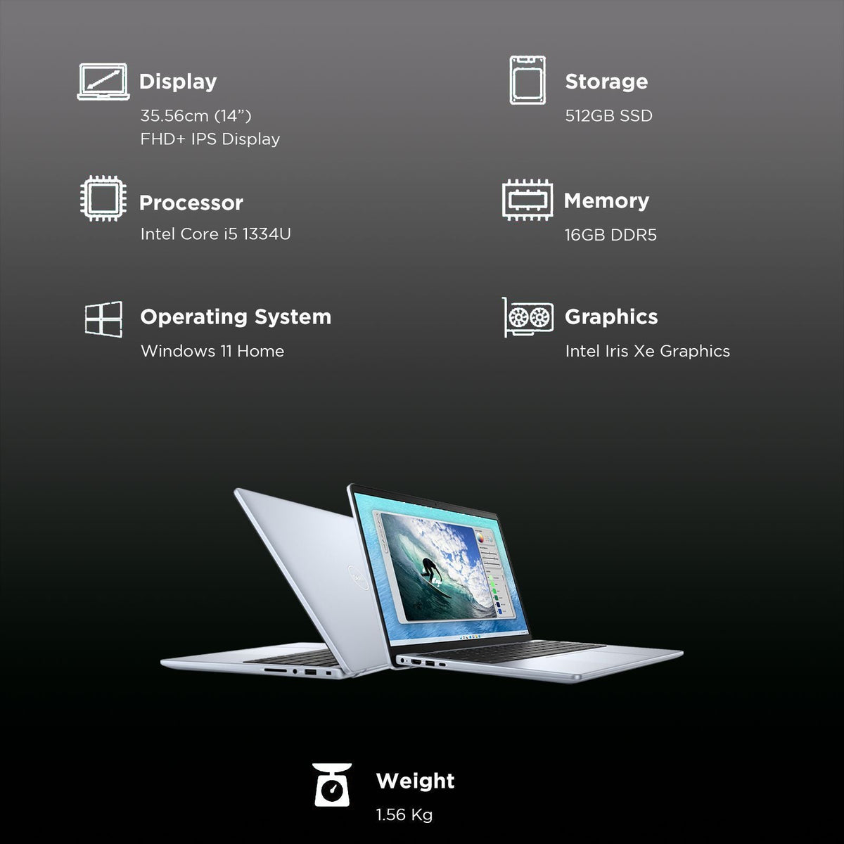 DELL Inspiron 14 5440 Intel Core i5 13th Gen Thin & Light Laptop (16GB, 512GB SSD, Windows 11, 14 inch Full HD IPS Display, MS Office 2021, Ice Blue, 1.54 KG)