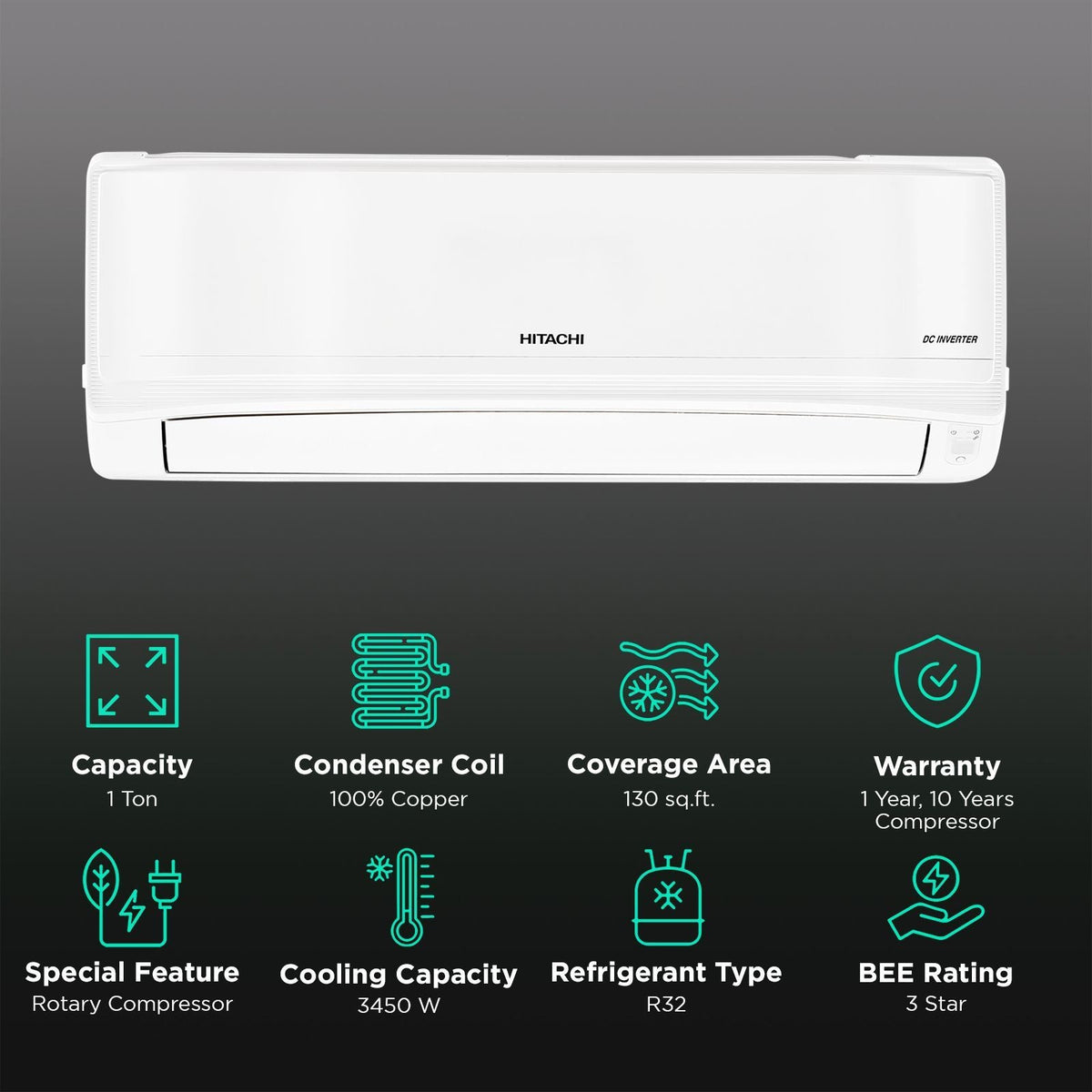 HITACHI iZen 3400SXL Convertible 1 Ton 3 Star Invertor Split AC with Anti Bacterial SuperFine Mesh Filter (Copper Condenser, RAS.G312PCBISS1)