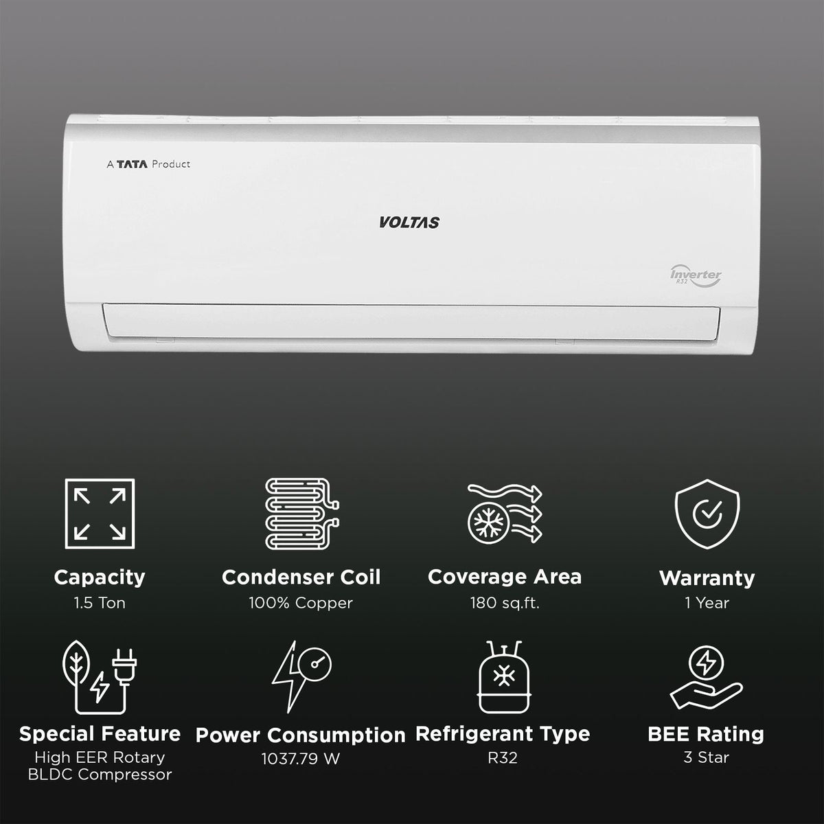 VOLTAS 183V Vertis Elite Marvel-1 Convertible 1.5 Ton 3 Star Inverter Split AC with Ice Wash Technology (2025 Model, Copper Condenser, 4503823)