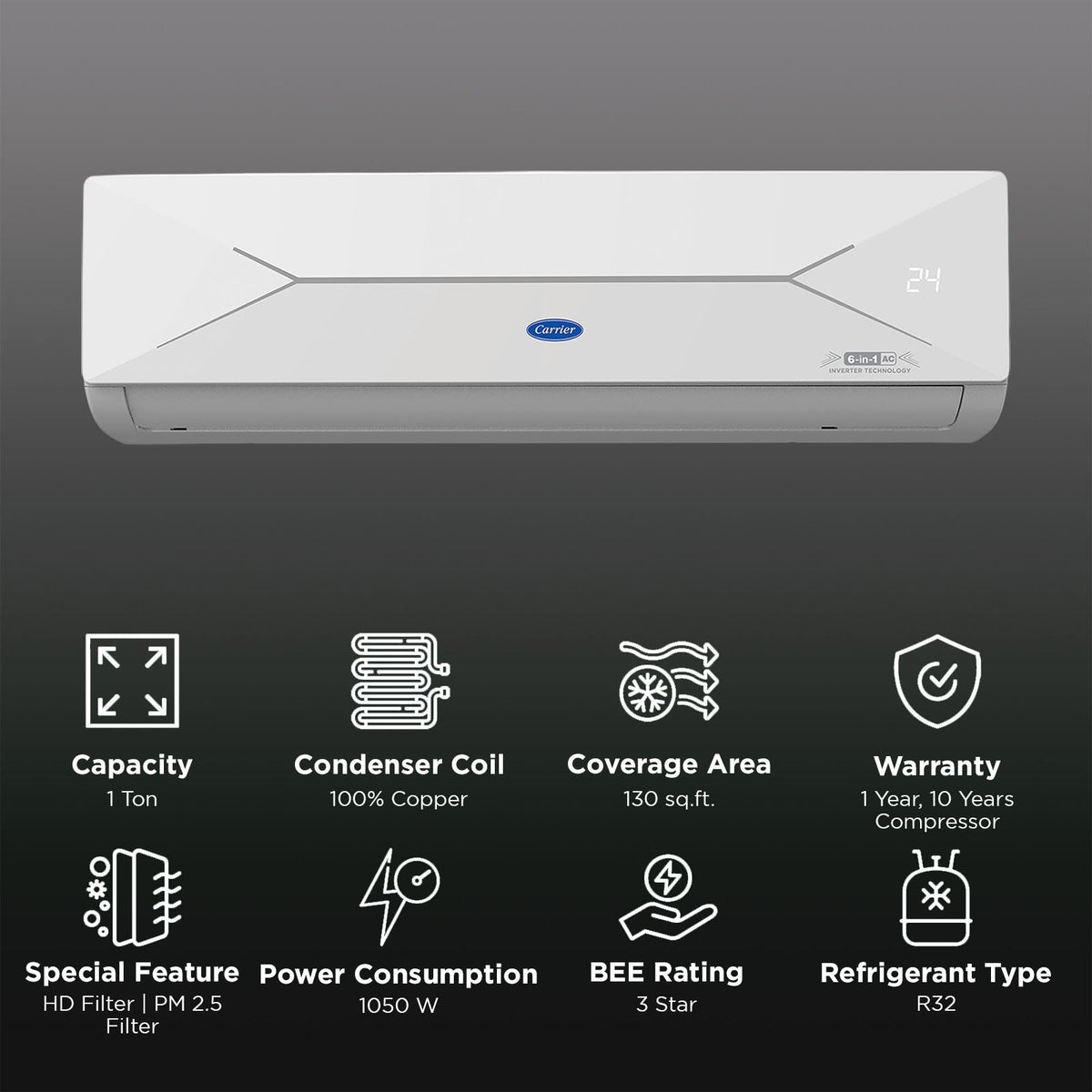 Carrier ESTER EDGE FXi 6 in 1 Convertible 1 Ton 3 Star Inverter Split Smart AC with Wi-Fi Supported (Copper Condenser, CAI12EE3R35W0)