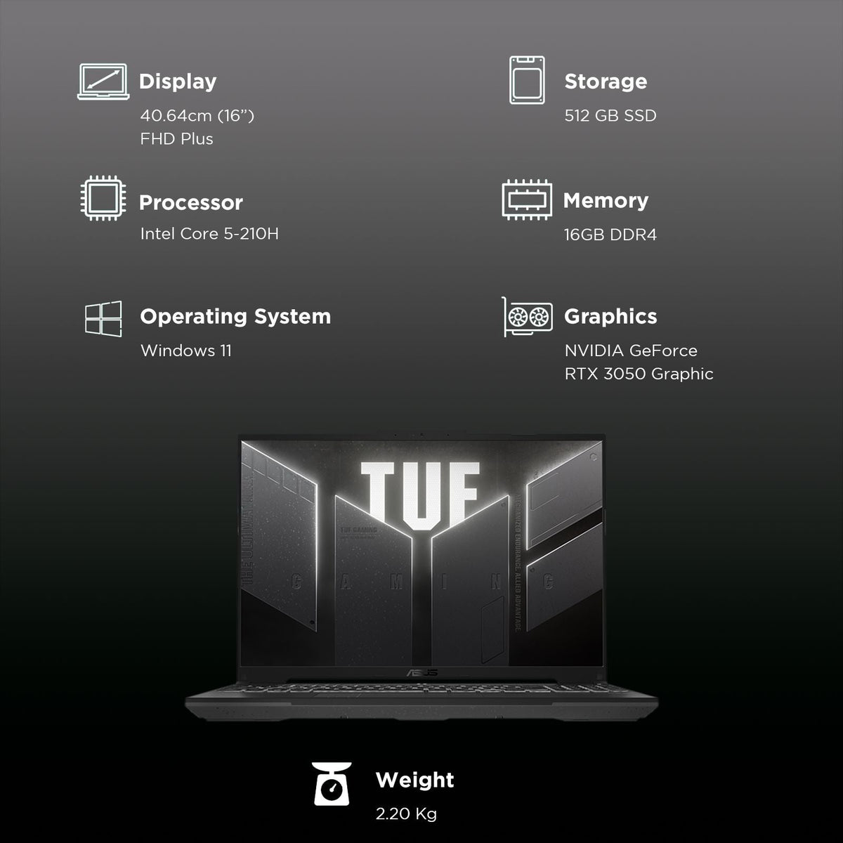 ASUS TUF F16 Intel Core 5 210H Gaming Laptop (16GB, 512GB SSD, Windows 11 Home, 4GB Graphics, 16 inch 144 Hz Full HD Plus Display, NVIDIA GeForce RTX 3050A, Mecha Gray, 2.2 KG)