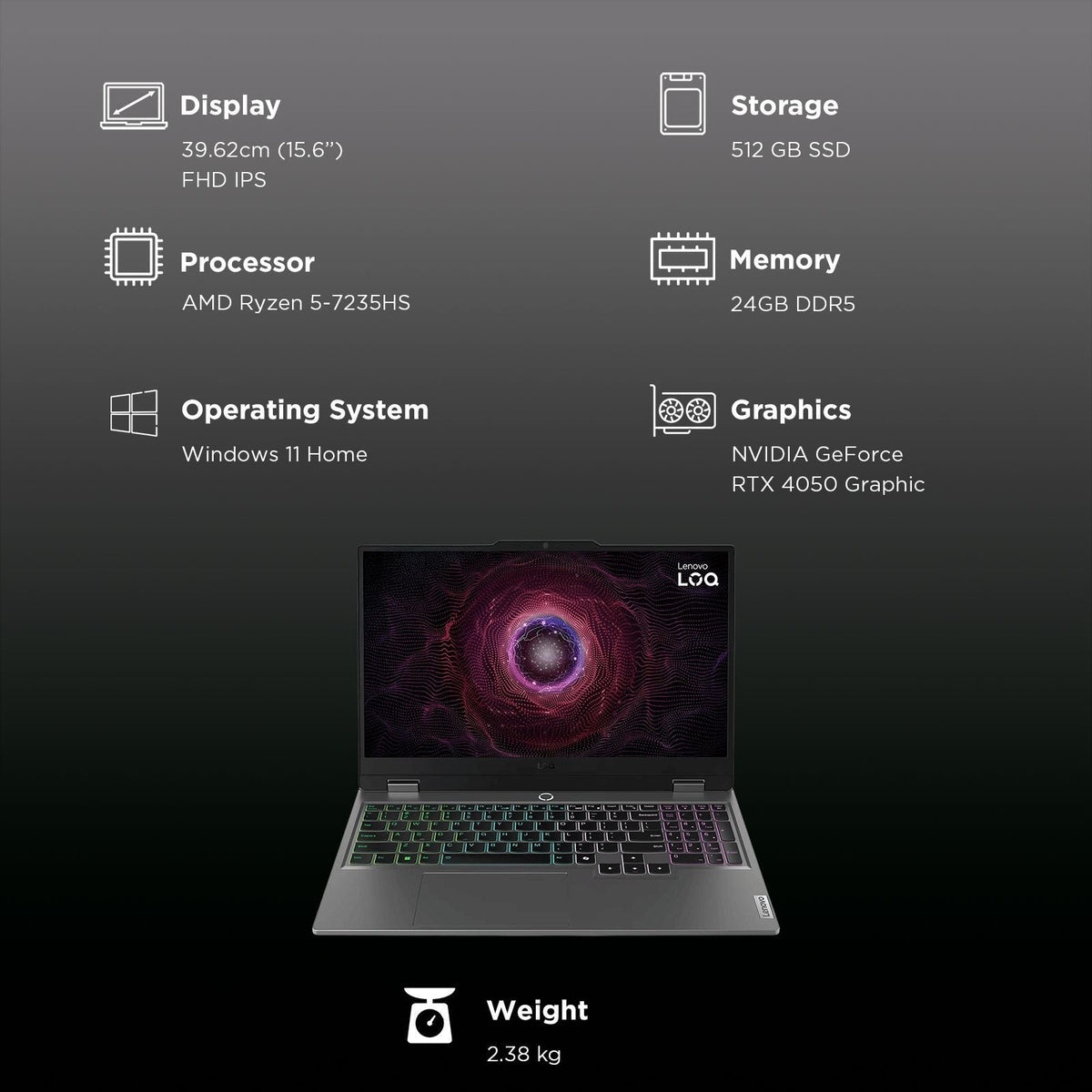 Lenovo LOQ 15ARP9 AMD Ryzen 5 Gaming Laptop (24GB, 512GB SSD, Windows 11 Home, 4GB Graphics, 15.6 inch 144 Hz Full HD IPS Display, NVIDIA GeForce RTX 3050A, MS Office Home 2024, Luna Grey, 2.38 KG)