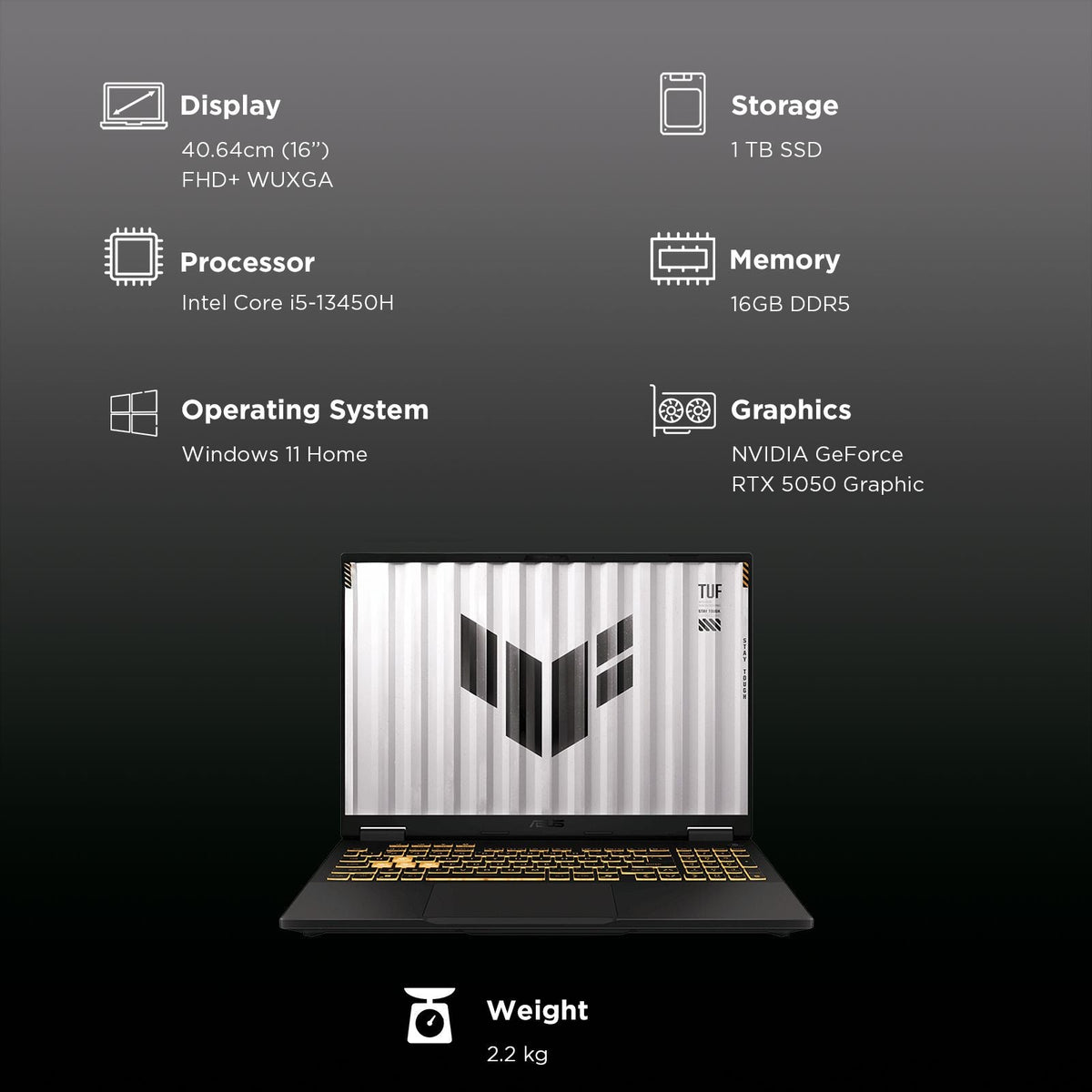 ASUS TUF F16 FX608JH-RV057WS Intel Core i5 13th Gen Gaming Laptop (16GB, 1TB SSD, Windows 11 Home, 8GB Graphics, 16 inch 165 Hz FHD+ WUXGA Display, NVIDIA GeForce RTX 5050, MS Office Home 2024, Jaeger Gray, 2.20 KG)