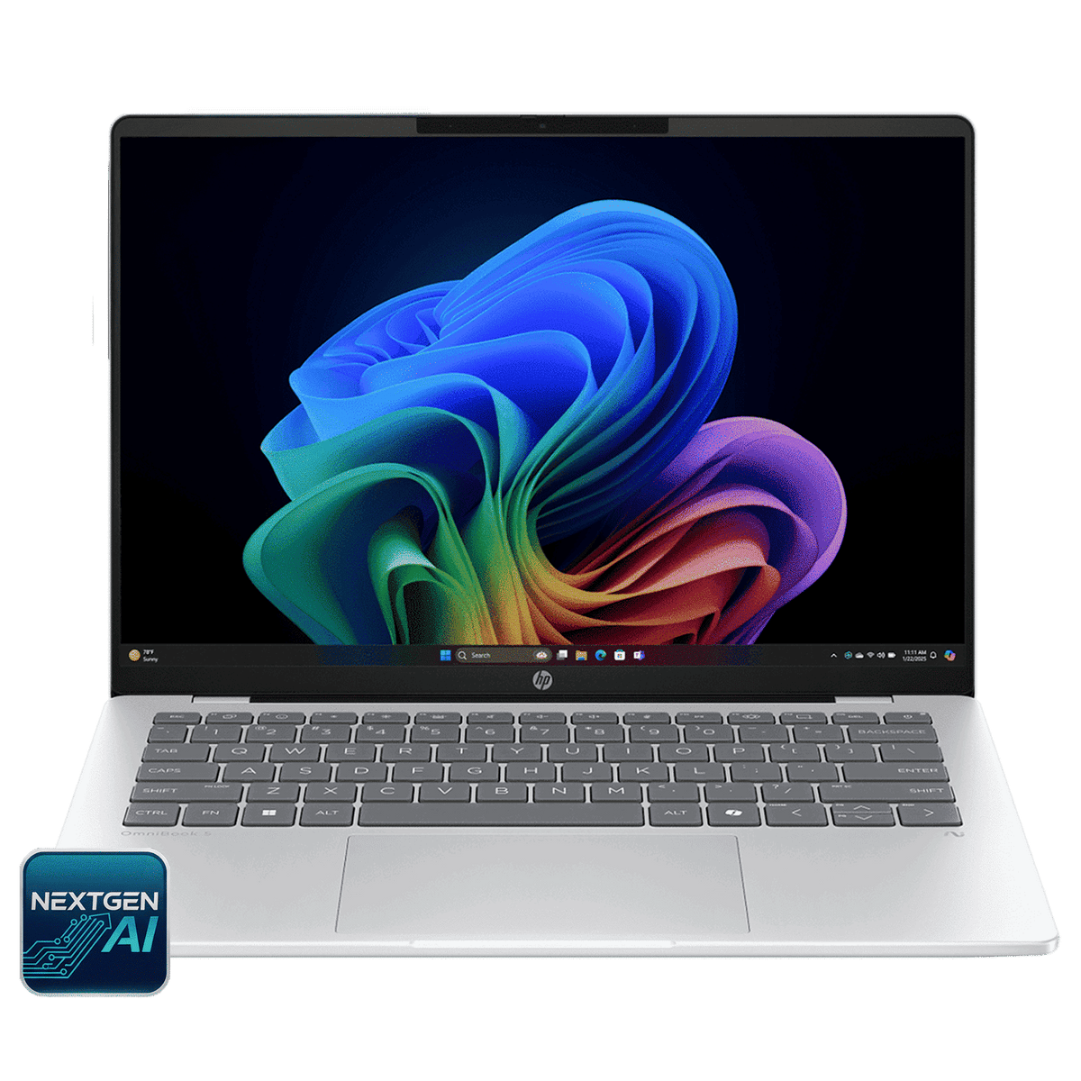 HP OmniBook 5 14-he0015QU Qualcomm Snapdragon X Thing & Light Laptop (16GB, 1TB SSD, Windows 11 Home, 14 inch 2K OLED Display, MS Office Home 2024, Glacier Silver, 1.35 KG)