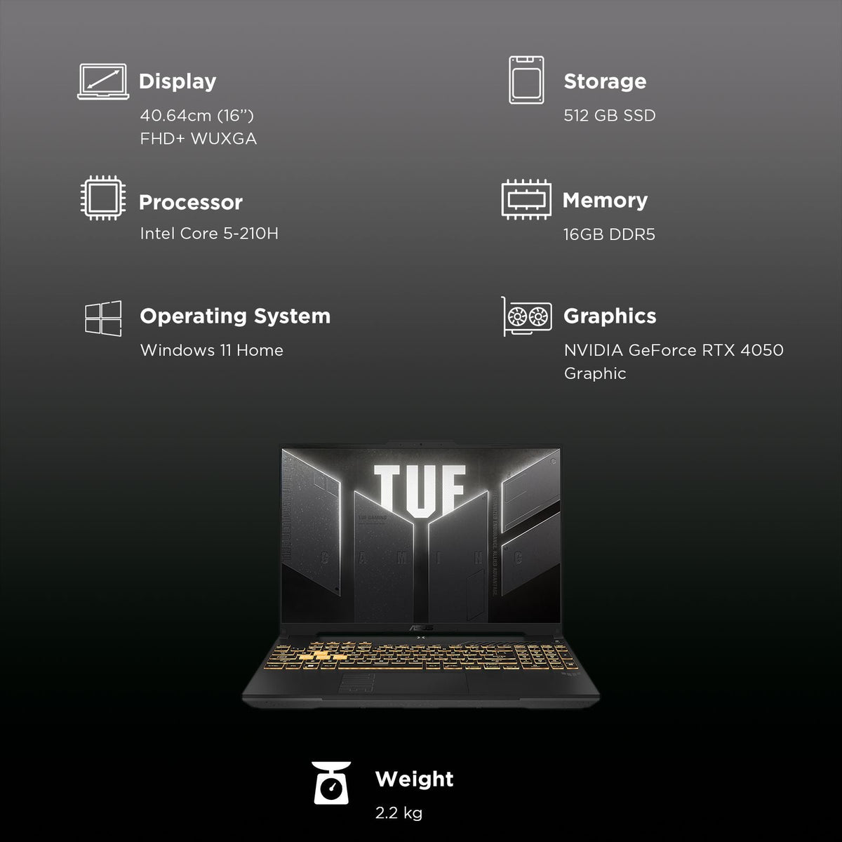 ASUS TUF F16 FX677VU-RL055WS Intel Core 5 Gaming Laptop (16GB, 512GB SSD, Windows 11 Home, 6GB Graphics, 16 inch 144 Hz FHD+ WUXGA Display, NVIDIA GeForce RTX 4050, MS Office Home 2024, Mecha Gray, 2.20 KG)
