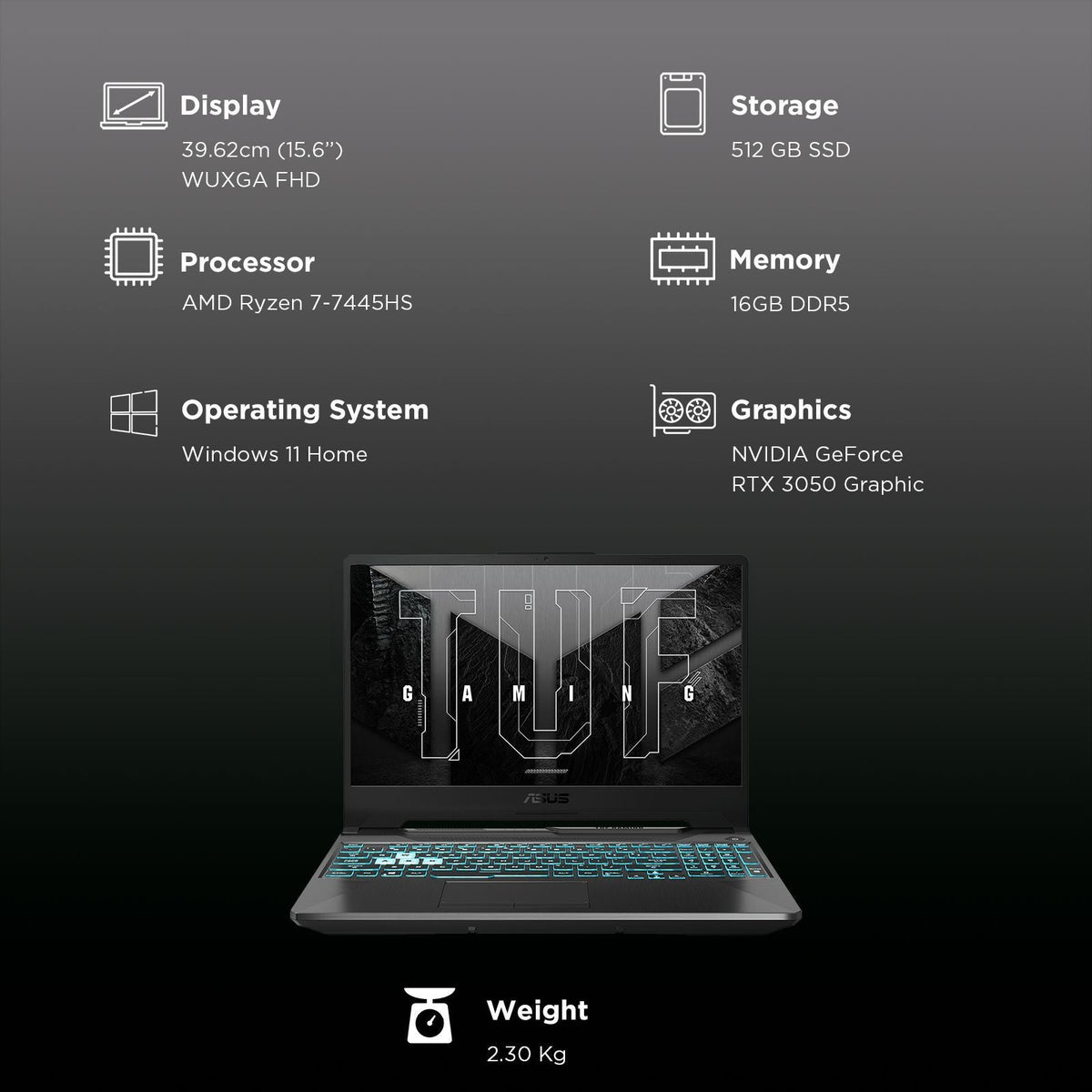ASUS TUF FA506NCG-HN200WS AMD Ryzen 7 Gaming Laptop (16GB, 512GB SSD, Windows 11 Home, 4GB Graphics, 15.6 inch 144 Hz WUXGA Full HD Display, NVIDIA GeForce RTX 3050, MS Office Home 2024, Graphite Black, 2.3 KG)