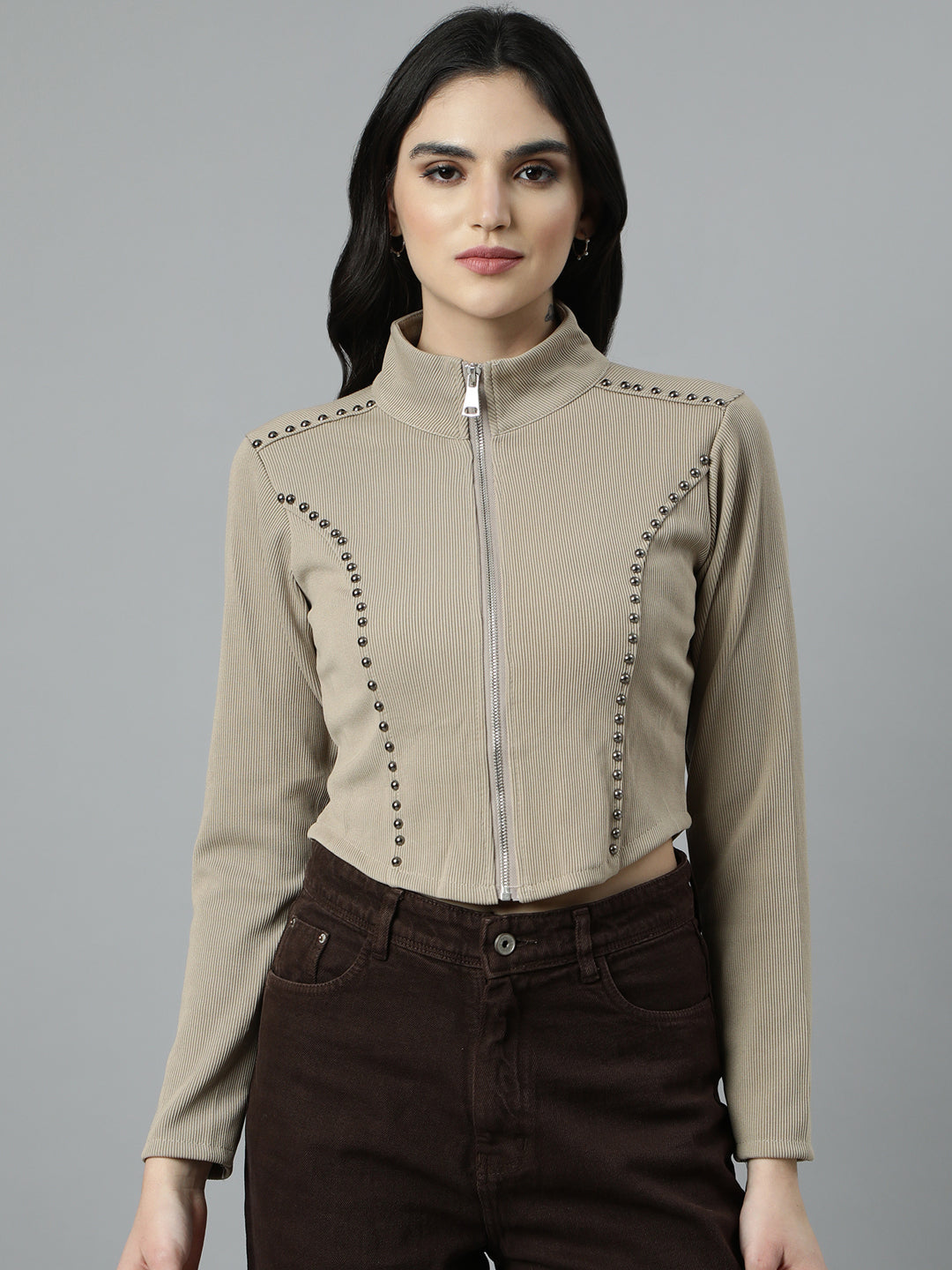 Women's Solid Beige Crop Top